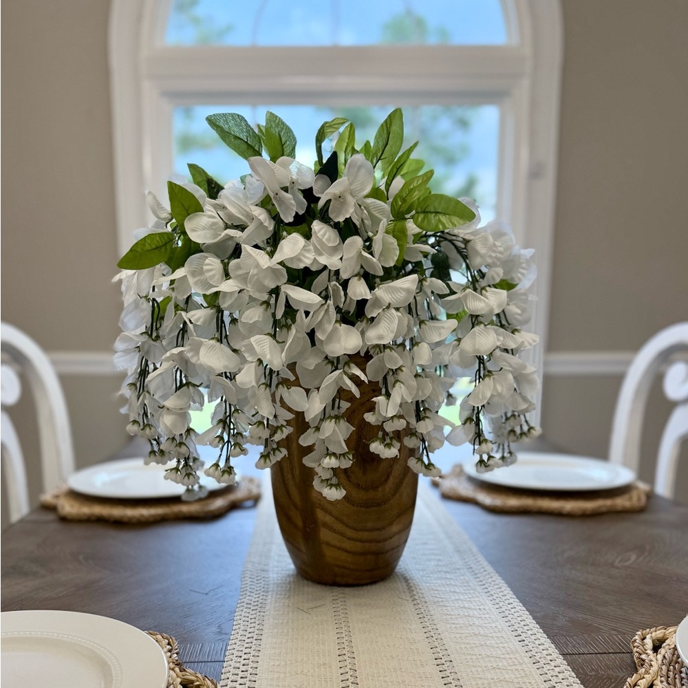 Elegant White Wisteria Faux Floral Arrangement in Wood Vase